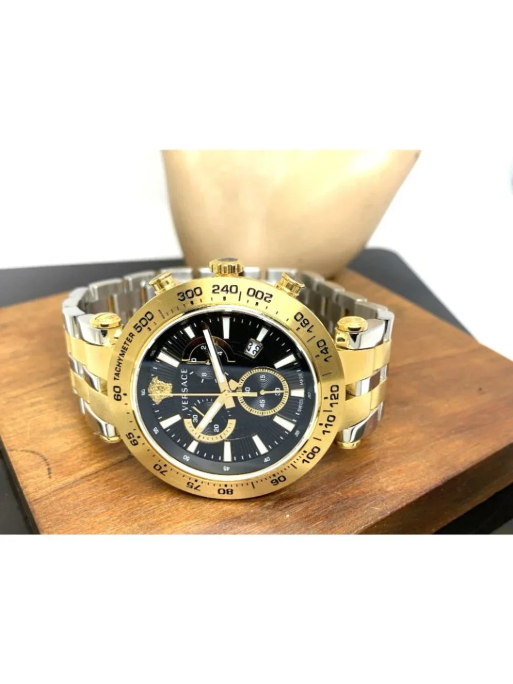 Versace Men's Watch VEJB00622 Swiss Quartz Chronograph Black Dial Two Tone Steel